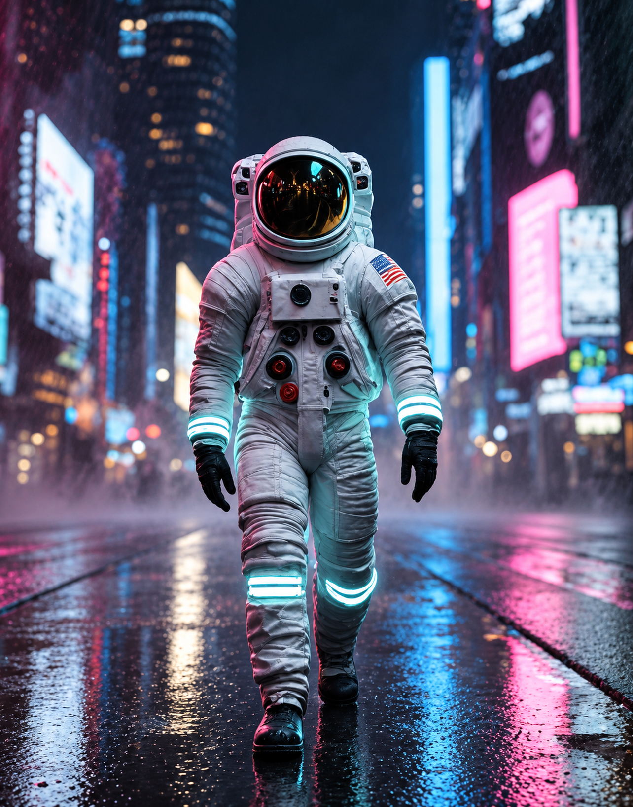 Mascota astronauta de Otro Nivel en una calle iluminada con luces cian y fucsia